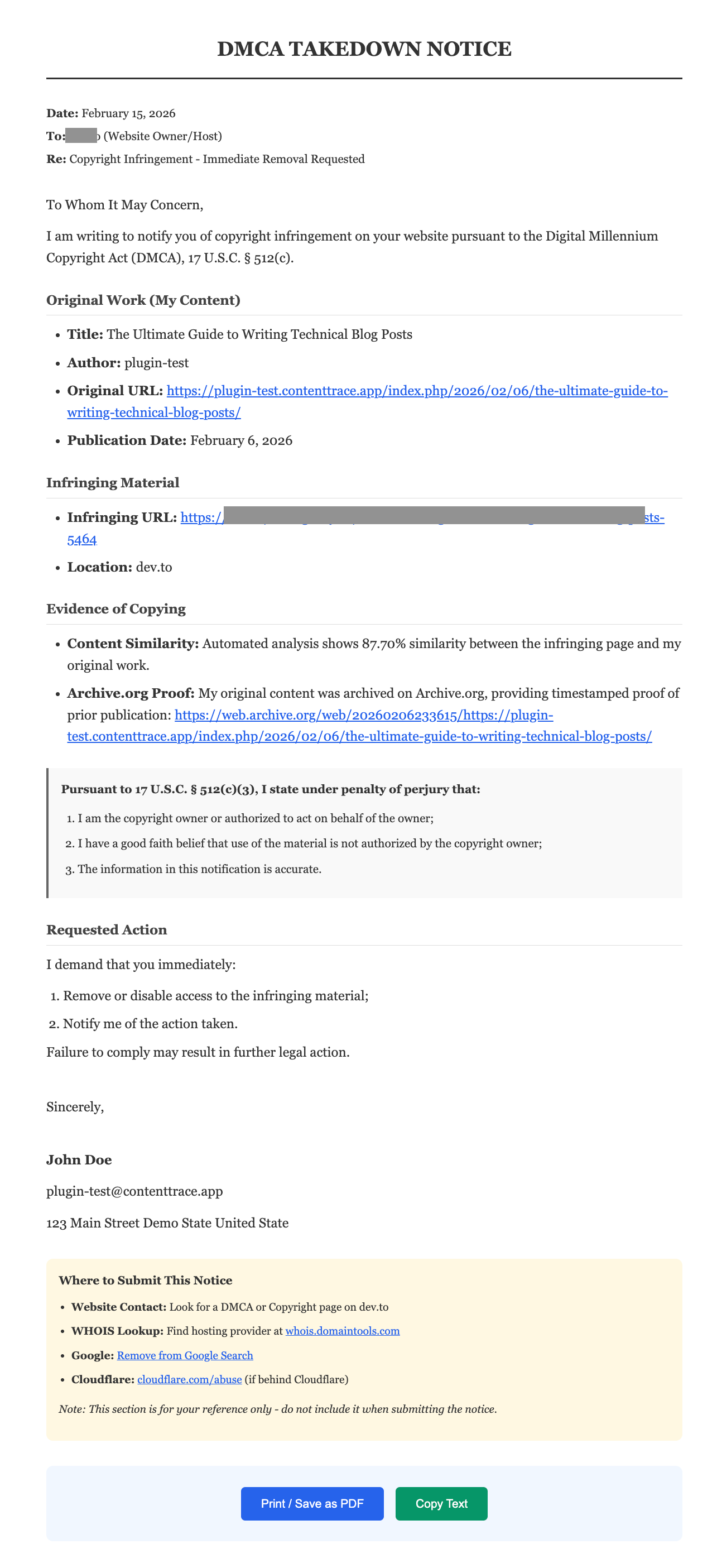 ContentTrace DMCA takedown notice generator