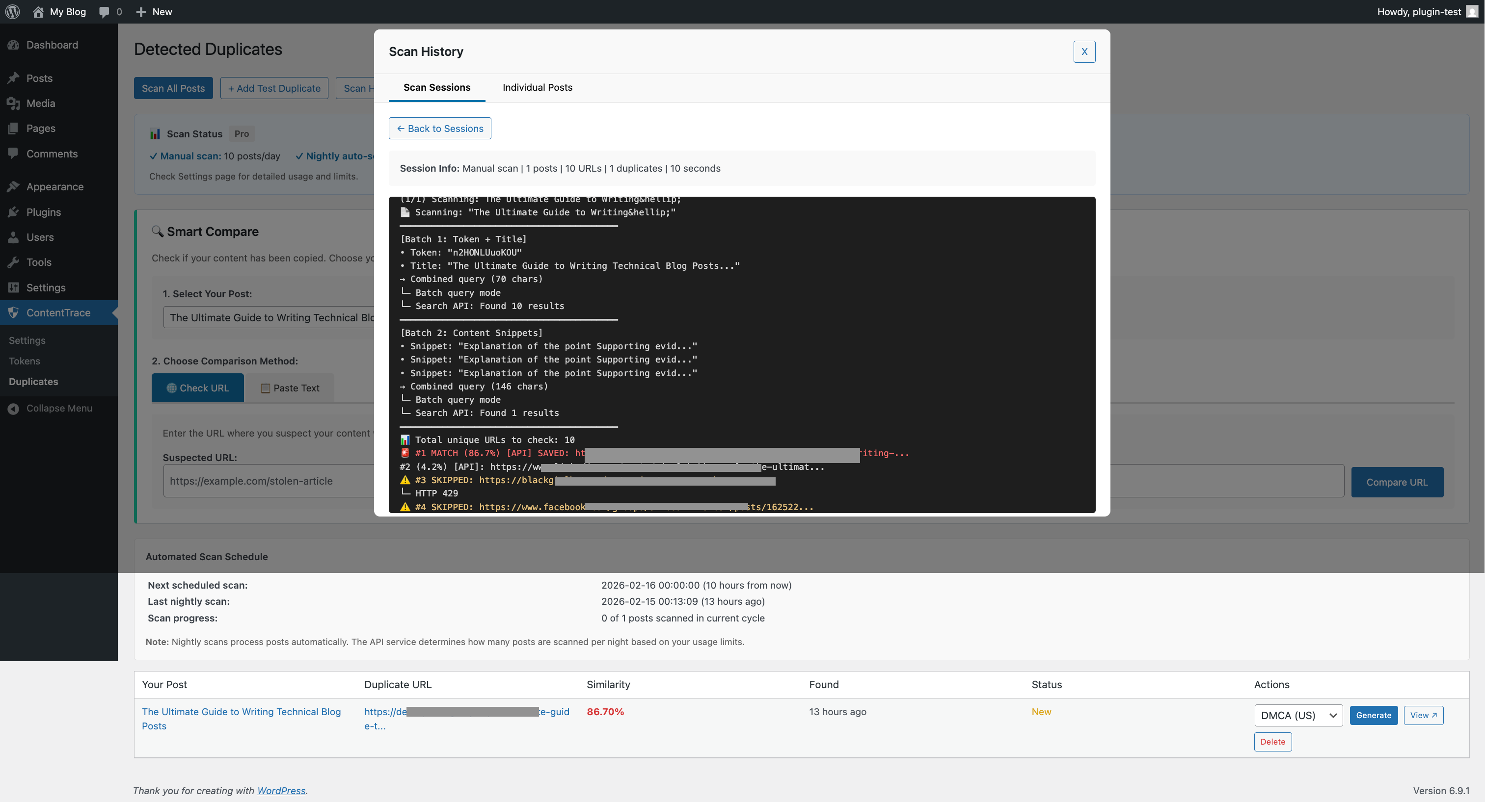 ContentTrace scan results showing detected content matches with similarity scores